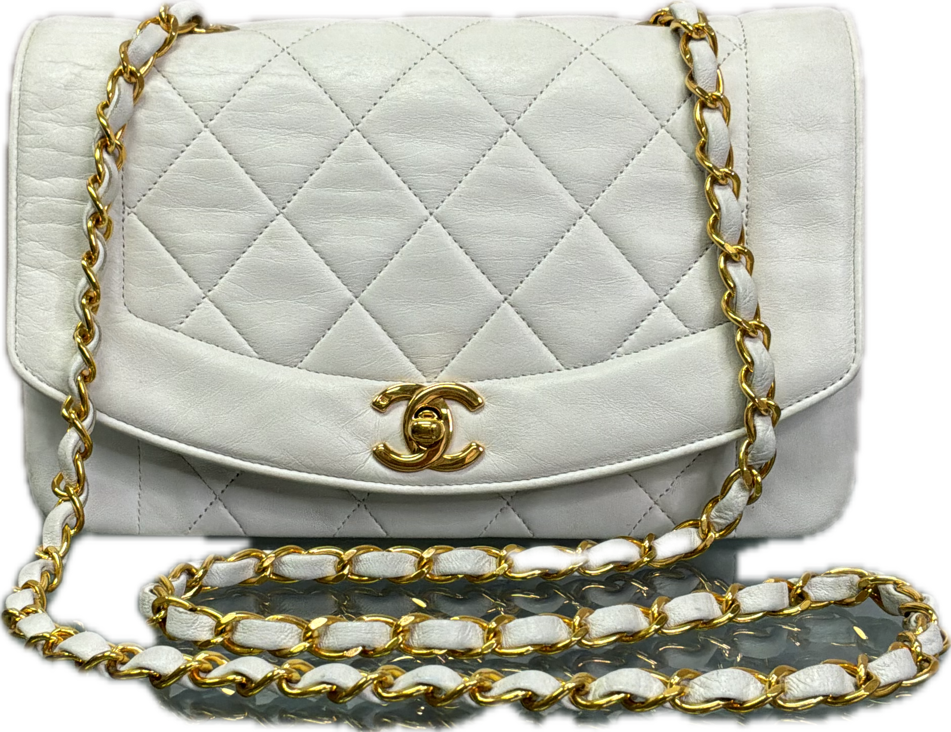 Chanel Vintage Diana Style White Quilted Calfskin Flap Shoulder Bag