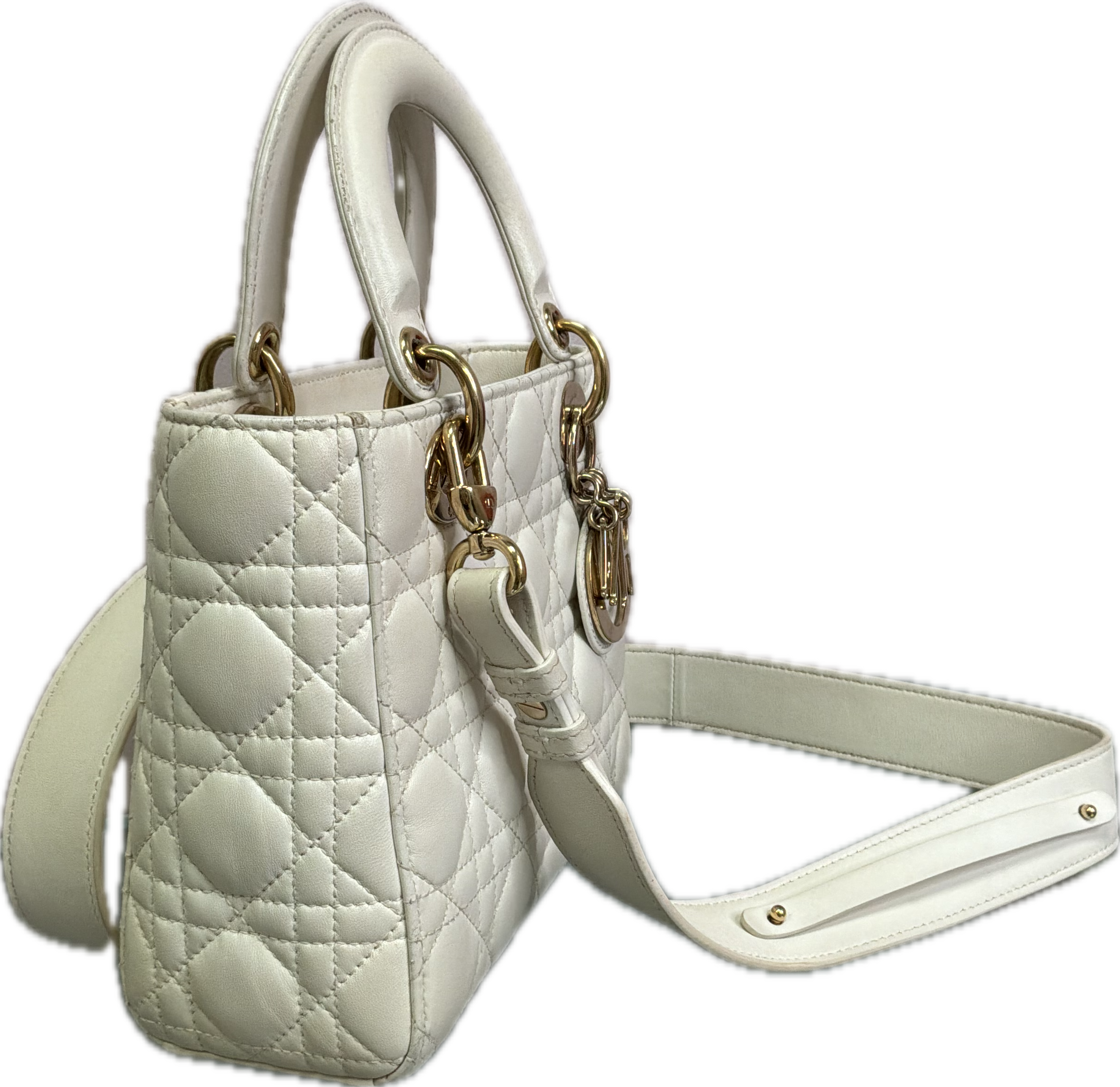 Christian Dior Small Lady Dior White Cannage Lambskin Bag with Strap - Image 5