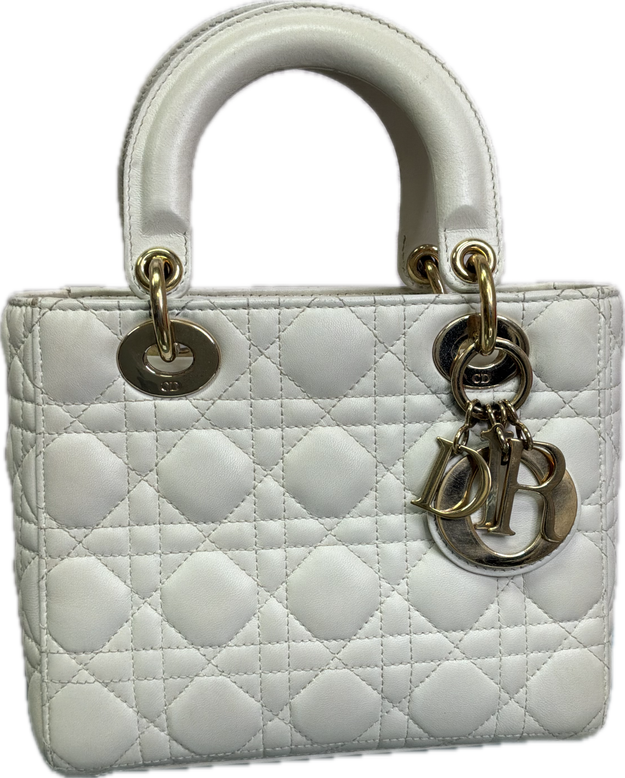 Christian Dior Small Lady Dior White Cannage Lambskin Bag with Strap