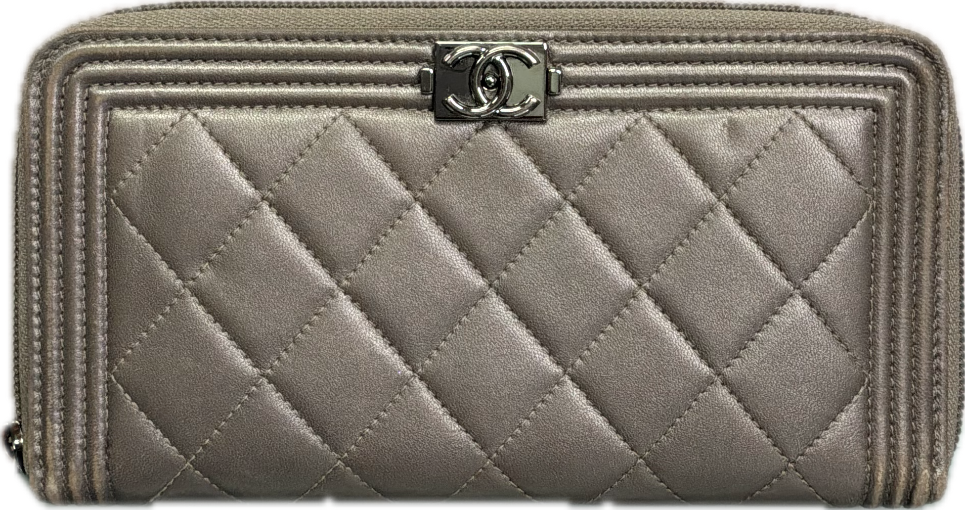 Chanel Boy Grey Quilted Lambskin Zip Around Wallet