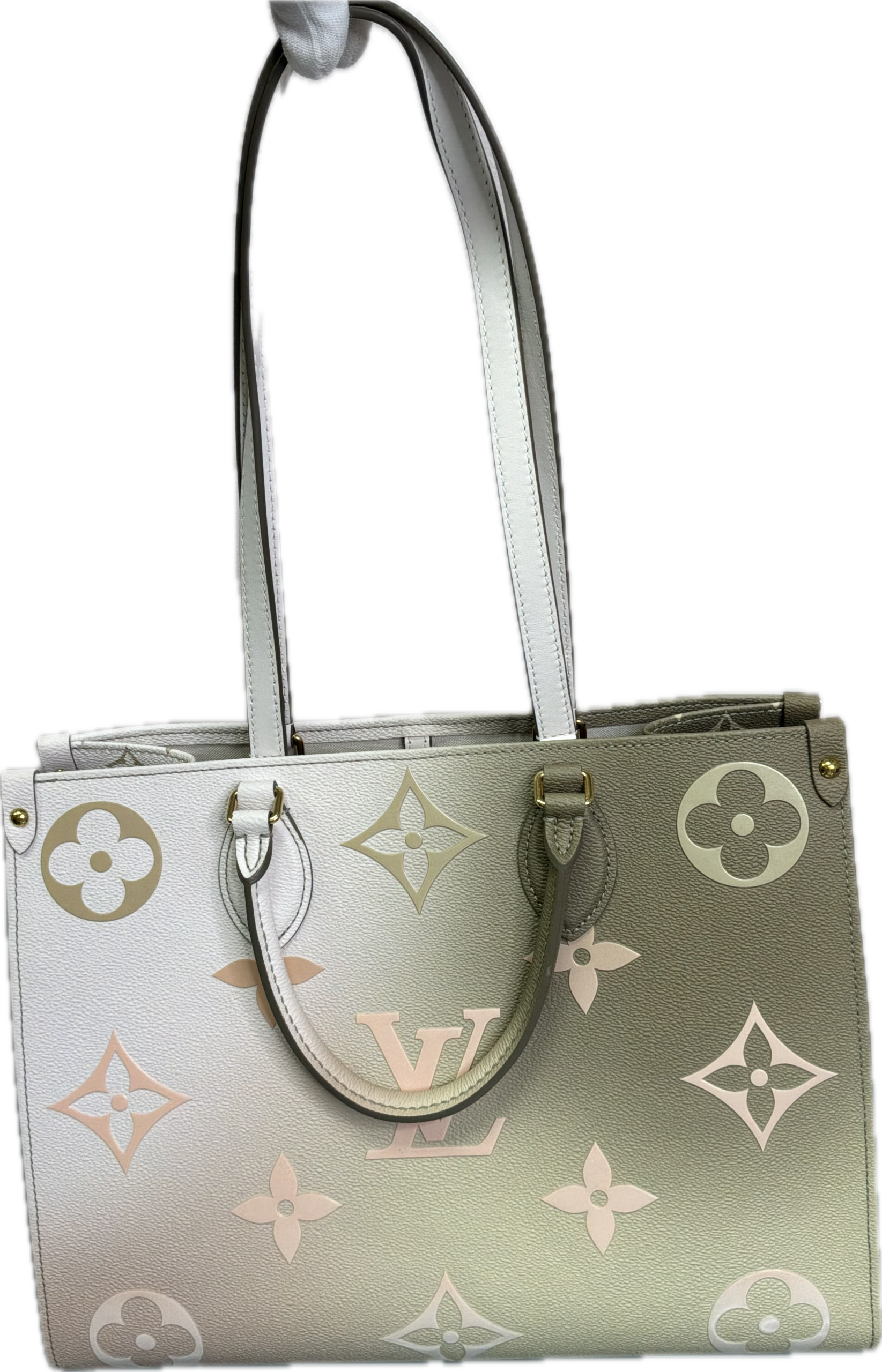 Louis Vuitton OnTheGo MM Khaki & White Monogram Tote Bag - Image 6