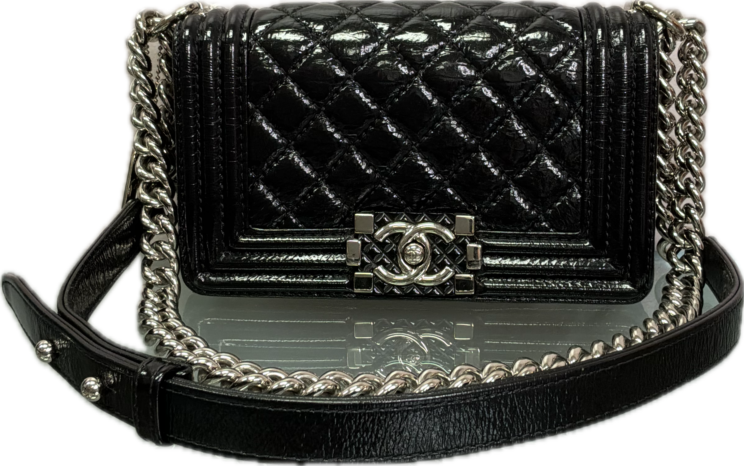 Chanel Boy Mini Black Glossy Leather Crossbody Bag
