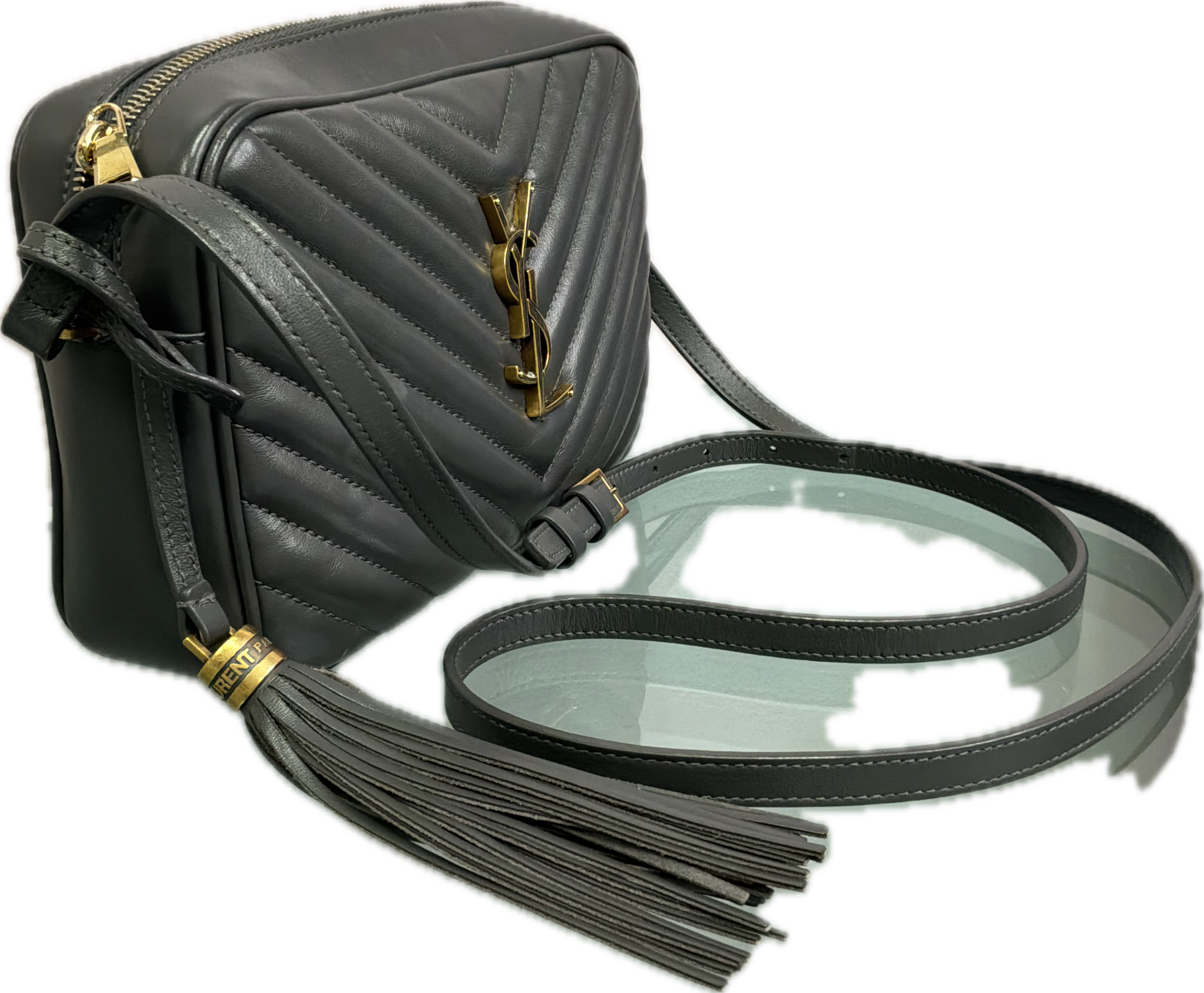 Saint Laurent Lou Camera Bag Gray Chevron Quilted Leather with Tassel - Image 4