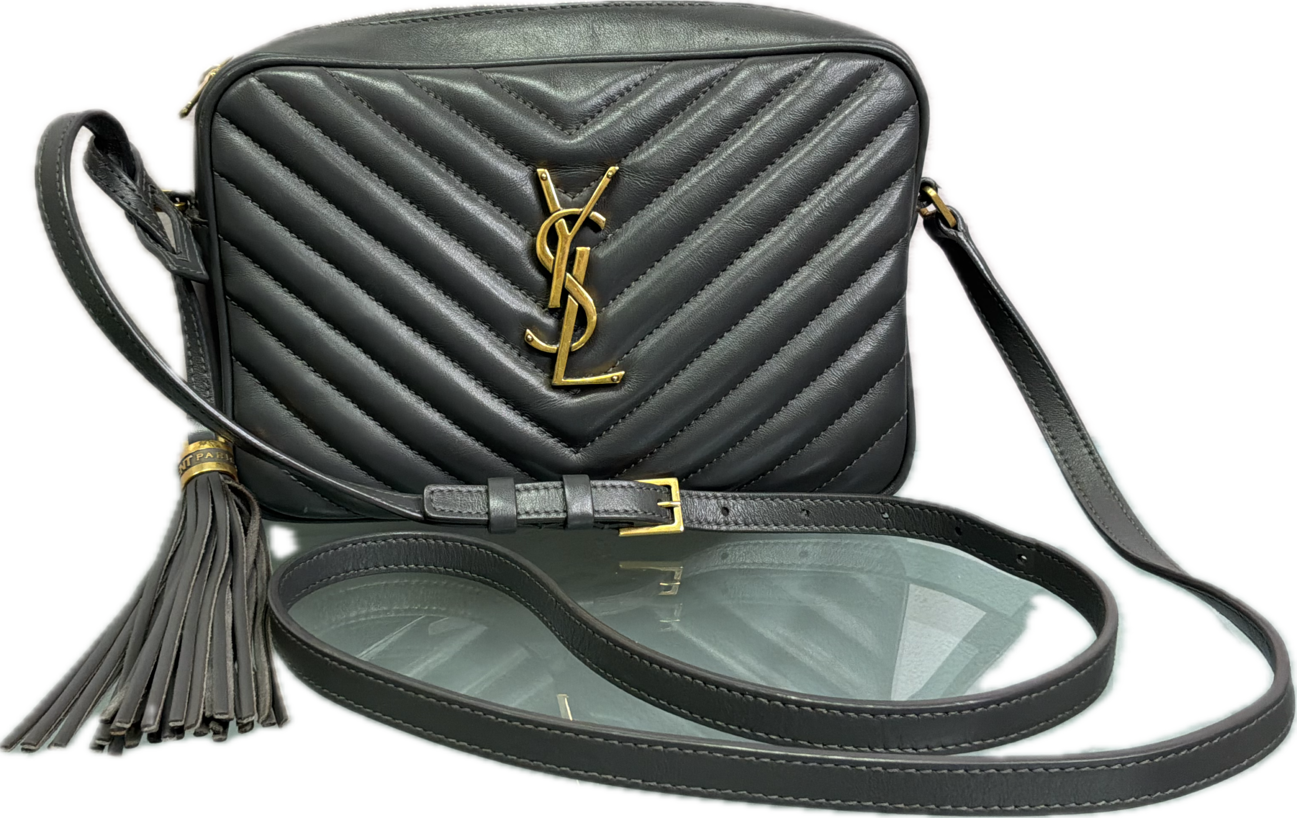 Saint Laurent Lou Camera Bag Gray Chevron Quilted Leather with Tassel - Image 6