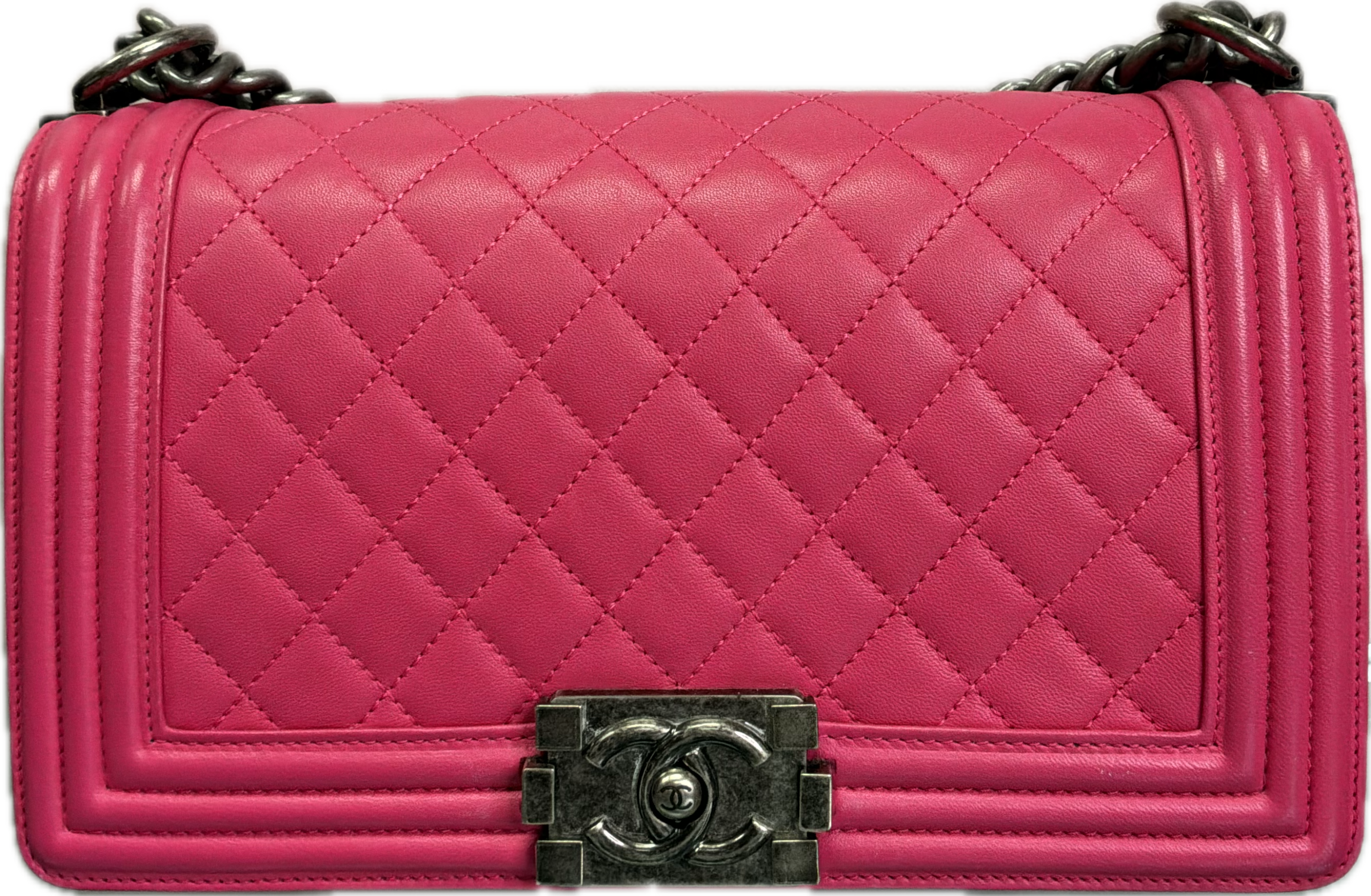 Chanel Medium Boy Bag Hot Pink Quilted Leather Crossbody with Ruthenium Hardware